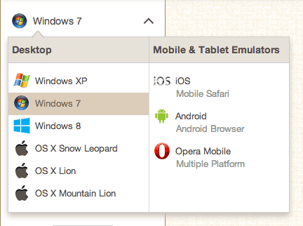BrowserStack's Operating System choices menu
