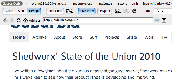 Dreamweaver's Live View rendering of Suburbia.org.uk