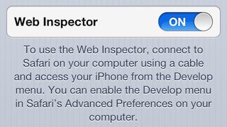 Screenshot of Web Inspector settings in iOS6 on an iPhone