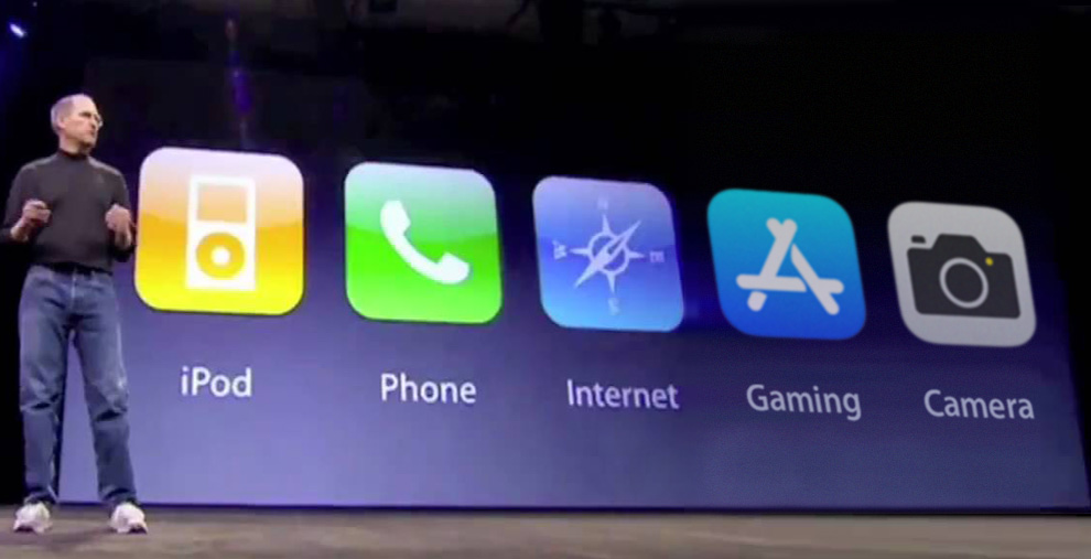 This image shows Steve Jobs on stage introducing the original iPhone with a slide saying "iPod", "Phone", "Internet" and the additions of "Gaming" and "Camera".