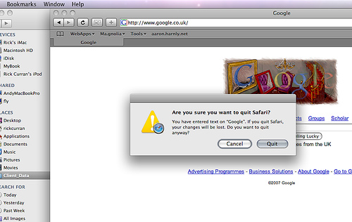 Leopard - Quit Safari - text input warning