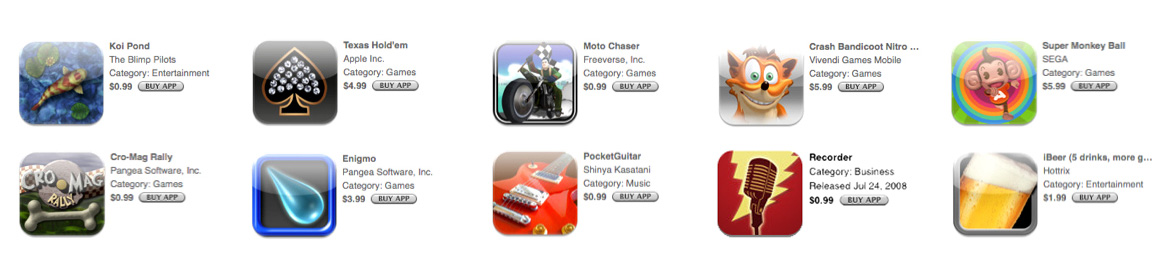 This image shows app icons from these 10 iPhone apps: Koi Pond, Texas Hold’em, Moto Chaser, Crash Bandicoot: Nitro Kart 3d, Super Monkey Ball, Cro-Mag Rally, Enigmo, Pocket Guitar, Recorder, iBeer.